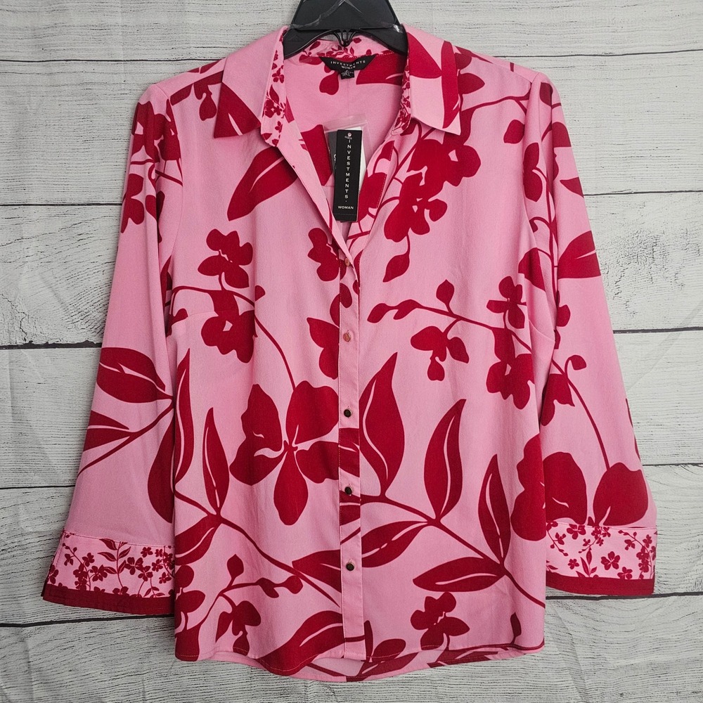 Investments Woman 2X Open‎ Top V-Neck Button Up Shirt Red Pink Floral NWT 1344